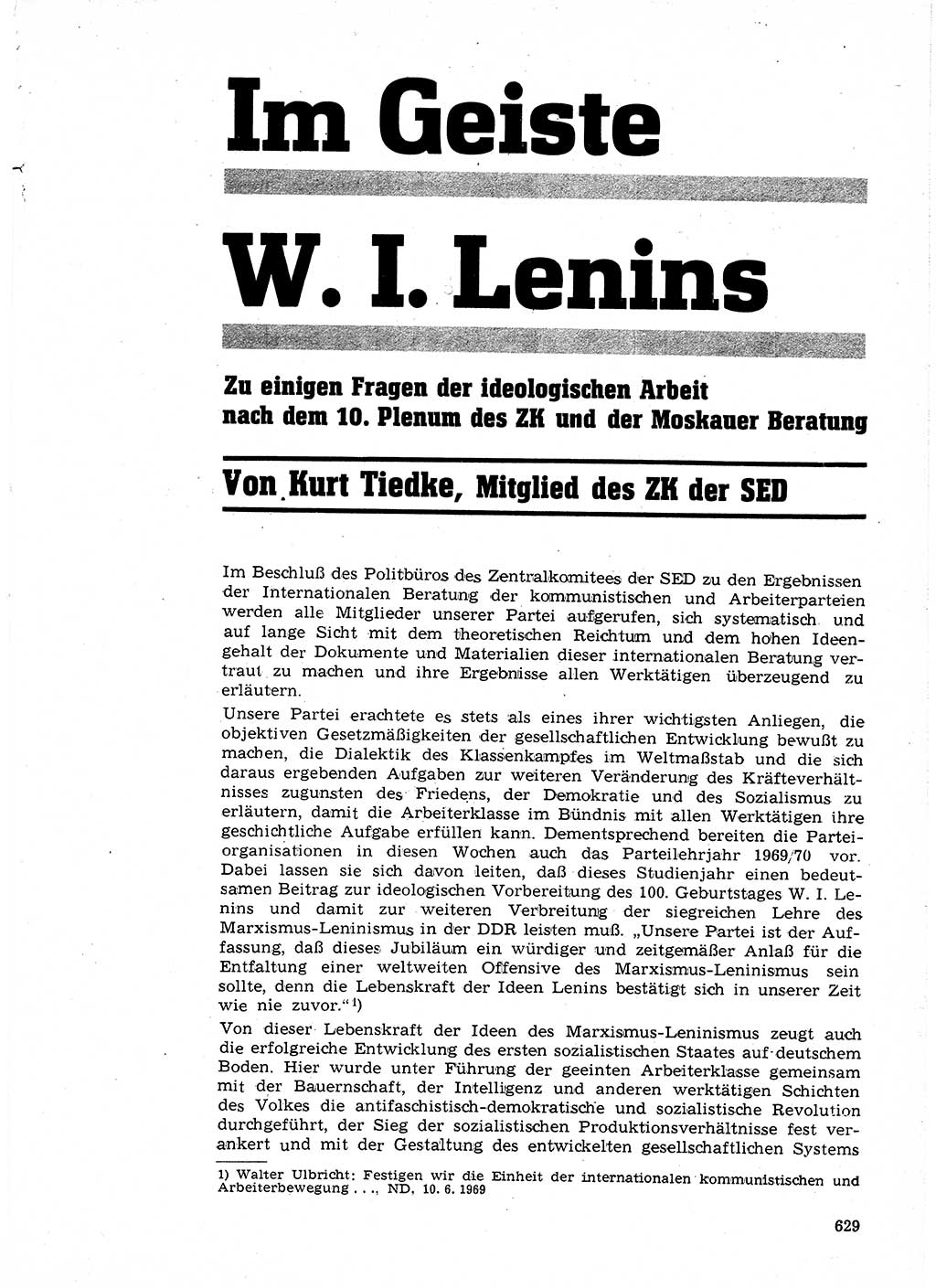 Neuer Weg (NW), Organ des Zentralkomitees (ZK) der SED (Sozialistische Einheitspartei Deutschlands) für Fragen des Parteilebens, 24. Jahrgang [Deutsche Demokratische Republik (DDR)] 1969, Seite 629 (NW ZK SED DDR 1969, S. 629)