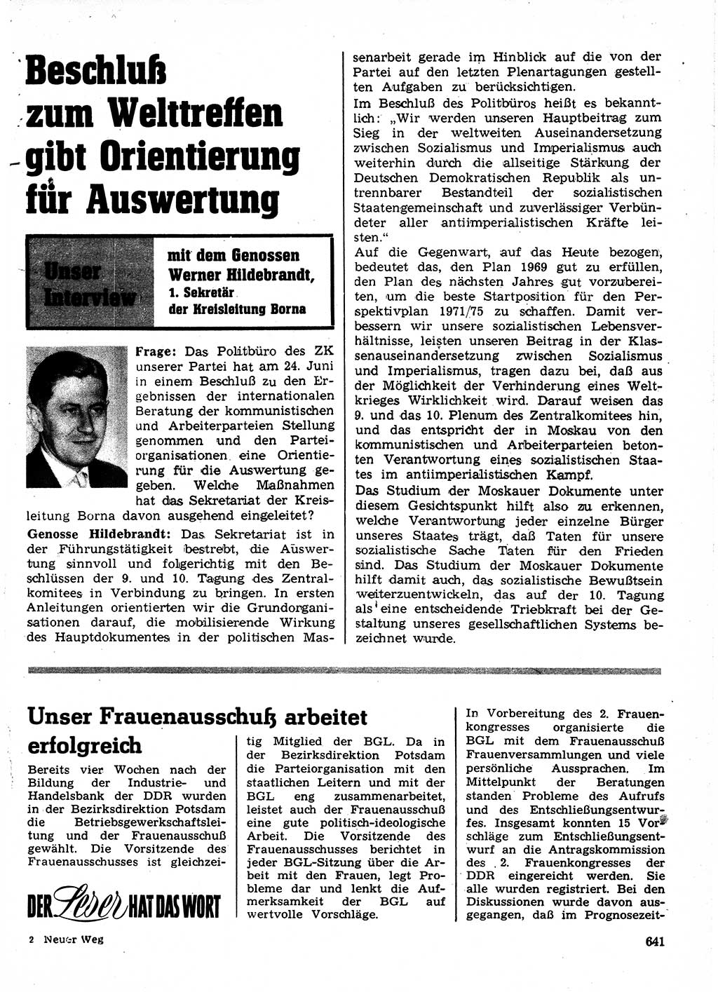 Neuer Weg (NW), Organ des Zentralkomitees (ZK) der SED (Sozialistische Einheitspartei Deutschlands) für Fragen des Parteilebens, 24. Jahrgang [Deutsche Demokratische Republik (DDR)] 1969, Seite 641 (NW ZK SED DDR 1969, S. 641)