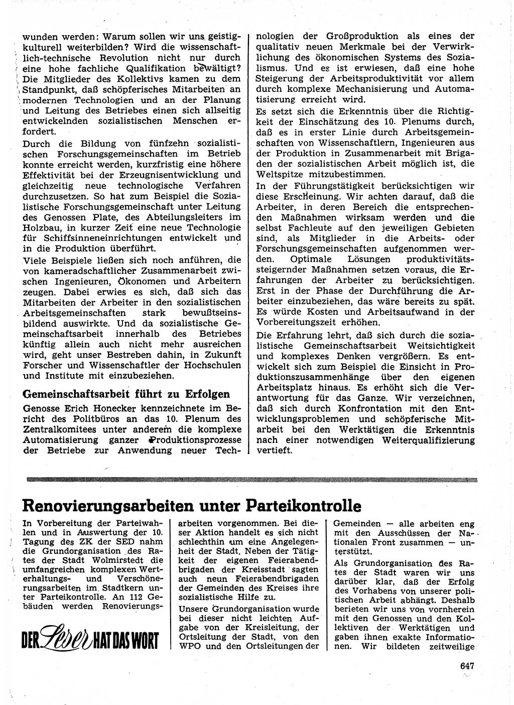 Neuer Weg (NW), Organ des Zentralkomitees (ZK) der SED (Sozialistische Einheitspartei Deutschlands) für Fragen des Parteilebens, 24. Jahrgang [Deutsche Demokratische Republik (DDR)] 1969, Seite 647 (NW ZK SED DDR 1969, S. 647)