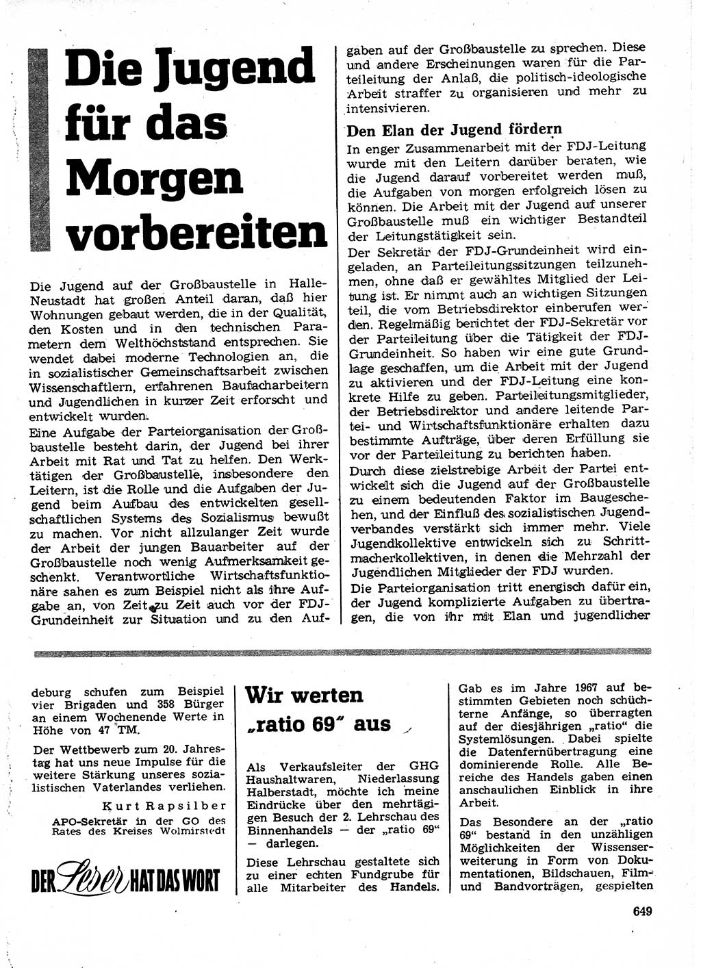 Neuer Weg (NW), Organ des Zentralkomitees (ZK) der SED (Sozialistische Einheitspartei Deutschlands) für Fragen des Parteilebens, 24. Jahrgang [Deutsche Demokratische Republik (DDR)] 1969, Seite 649 (NW ZK SED DDR 1969, S. 649)