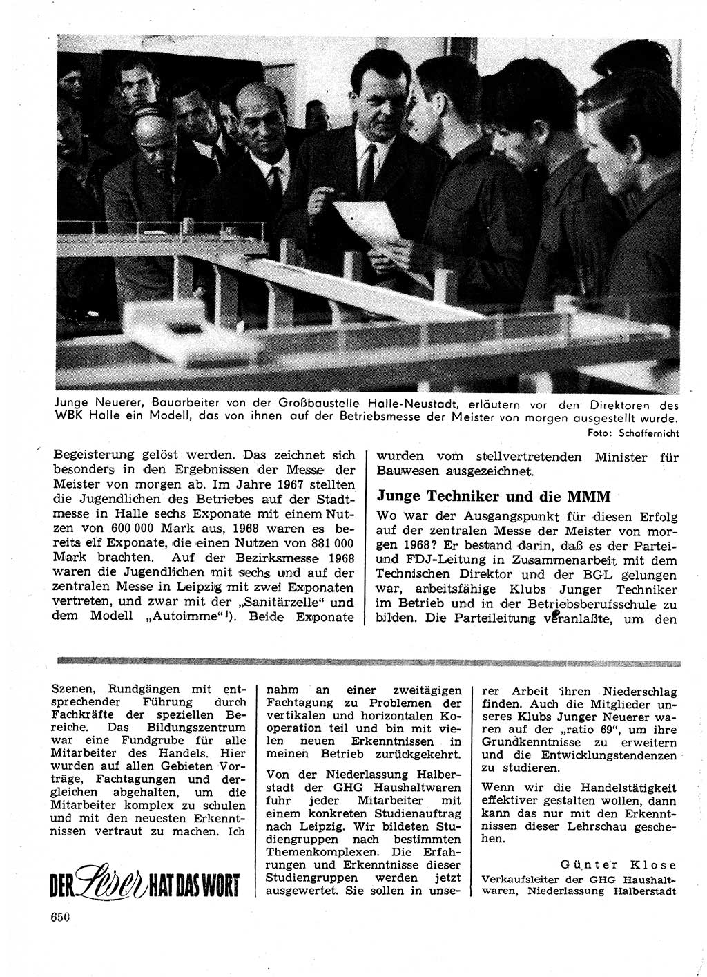 Neuer Weg (NW), Organ des Zentralkomitees (ZK) der SED (Sozialistische Einheitspartei Deutschlands) für Fragen des Parteilebens, 24. Jahrgang [Deutsche Demokratische Republik (DDR)] 1969, Seite 650 (NW ZK SED DDR 1969, S. 650)