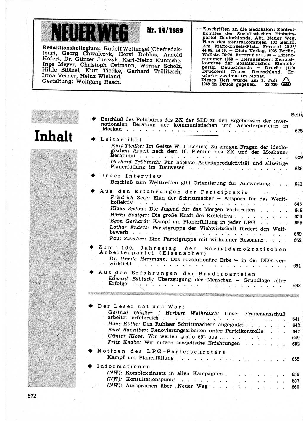 Neuer Weg (NW), Organ des Zentralkomitees (ZK) der SED (Sozialistische Einheitspartei Deutschlands) für Fragen des Parteilebens, 24. Jahrgang [Deutsche Demokratische Republik (DDR)] 1969, Seite 672 (NW ZK SED DDR 1969, S. 672)