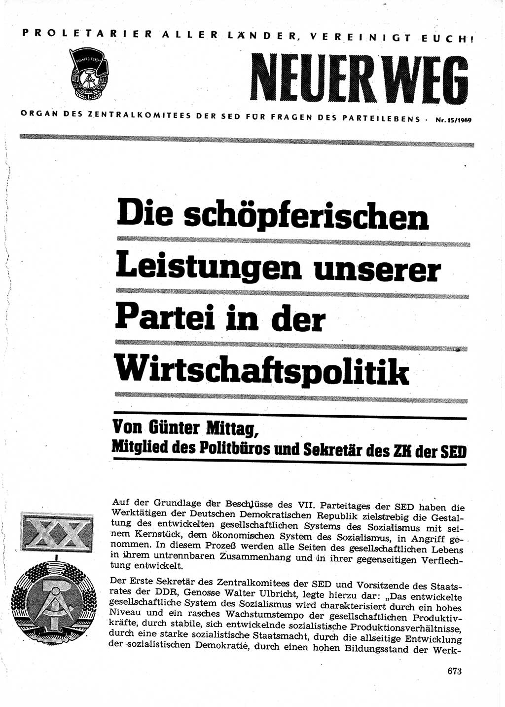 Neuer Weg (NW), Organ des Zentralkomitees (ZK) der SED (Sozialistische Einheitspartei Deutschlands) für Fragen des Parteilebens, 24. Jahrgang [Deutsche Demokratische Republik (DDR)] 1969, Seite 673 (NW ZK SED DDR 1969, S. 673)