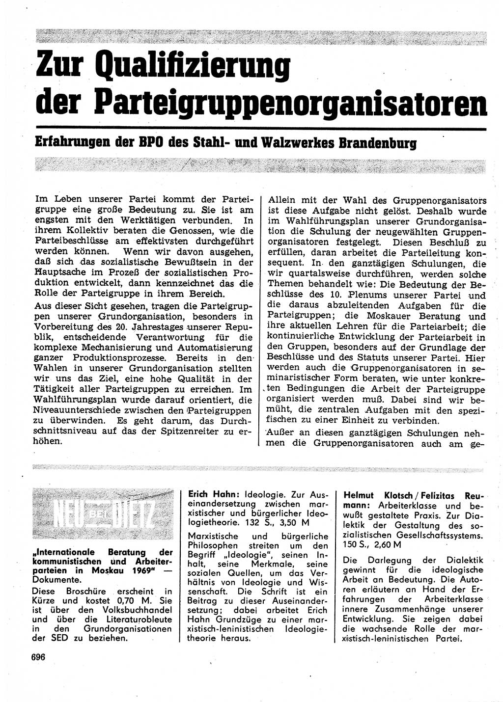 Neuer Weg (NW), Organ des Zentralkomitees (ZK) der SED (Sozialistische Einheitspartei Deutschlands) für Fragen des Parteilebens, 24. Jahrgang [Deutsche Demokratische Republik (DDR)] 1969, Seite 696 (NW ZK SED DDR 1969, S. 696)