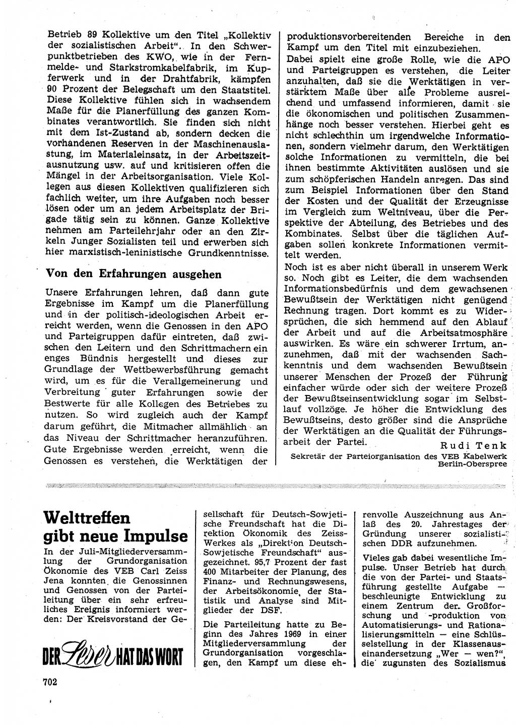 Neuer Weg (NW), Organ des Zentralkomitees (ZK) der SED (Sozialistische Einheitspartei Deutschlands) für Fragen des Parteilebens, 24. Jahrgang [Deutsche Demokratische Republik (DDR)] 1969, Seite 702 (NW ZK SED DDR 1969, S. 702)