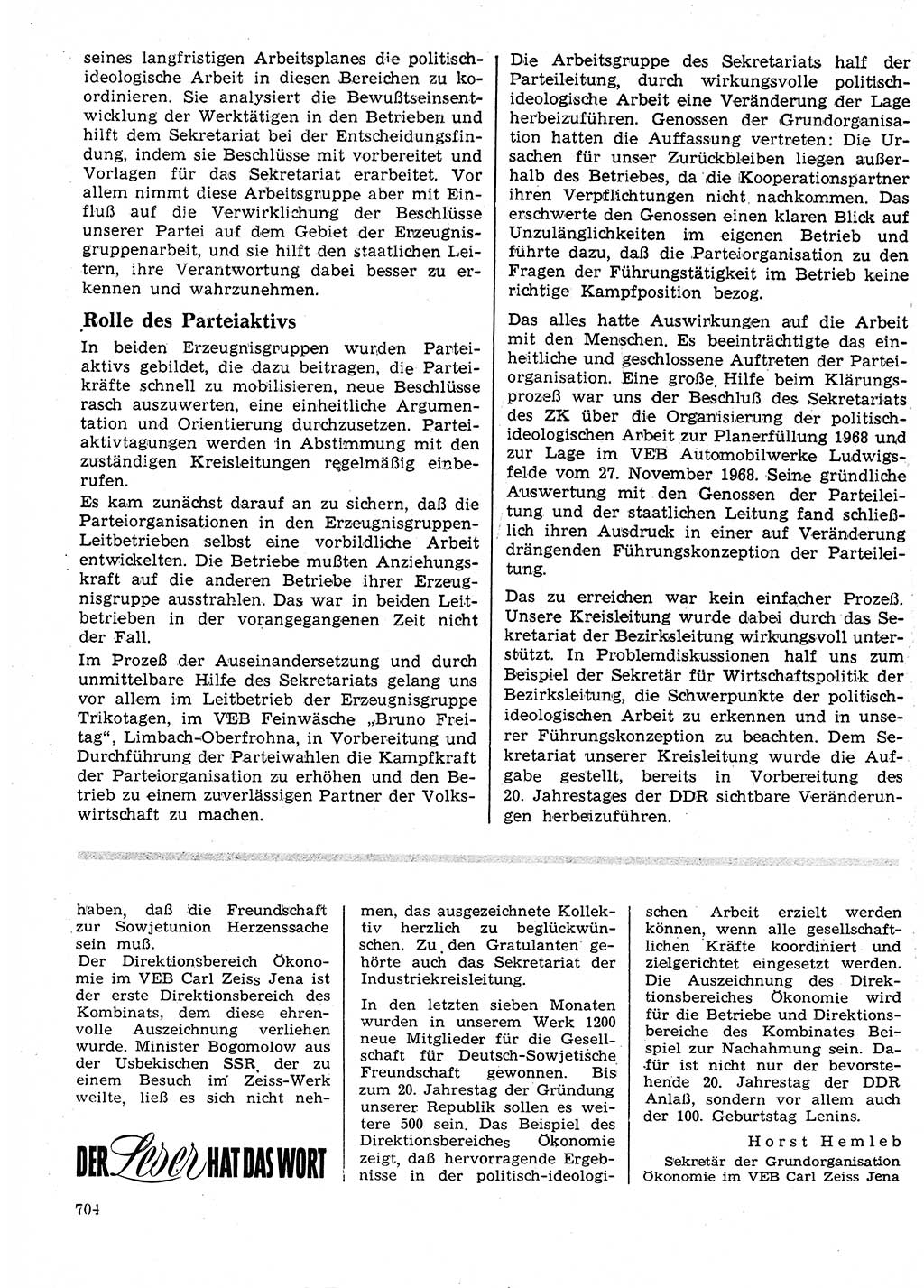 Neuer Weg (NW), Organ des Zentralkomitees (ZK) der SED (Sozialistische Einheitspartei Deutschlands) für Fragen des Parteilebens, 24. Jahrgang [Deutsche Demokratische Republik (DDR)] 1969, Seite 704 (NW ZK SED DDR 1969, S. 704)