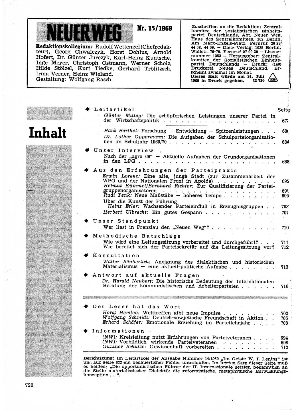 Neuer Weg (NW), Organ des Zentralkomitees (ZK) der SED (Sozialistische Einheitspartei Deutschlands) für Fragen des Parteilebens, 24. Jahrgang [Deutsche Demokratische Republik (DDR)] 1969, Seite 720 (NW ZK SED DDR 1969, S. 720)