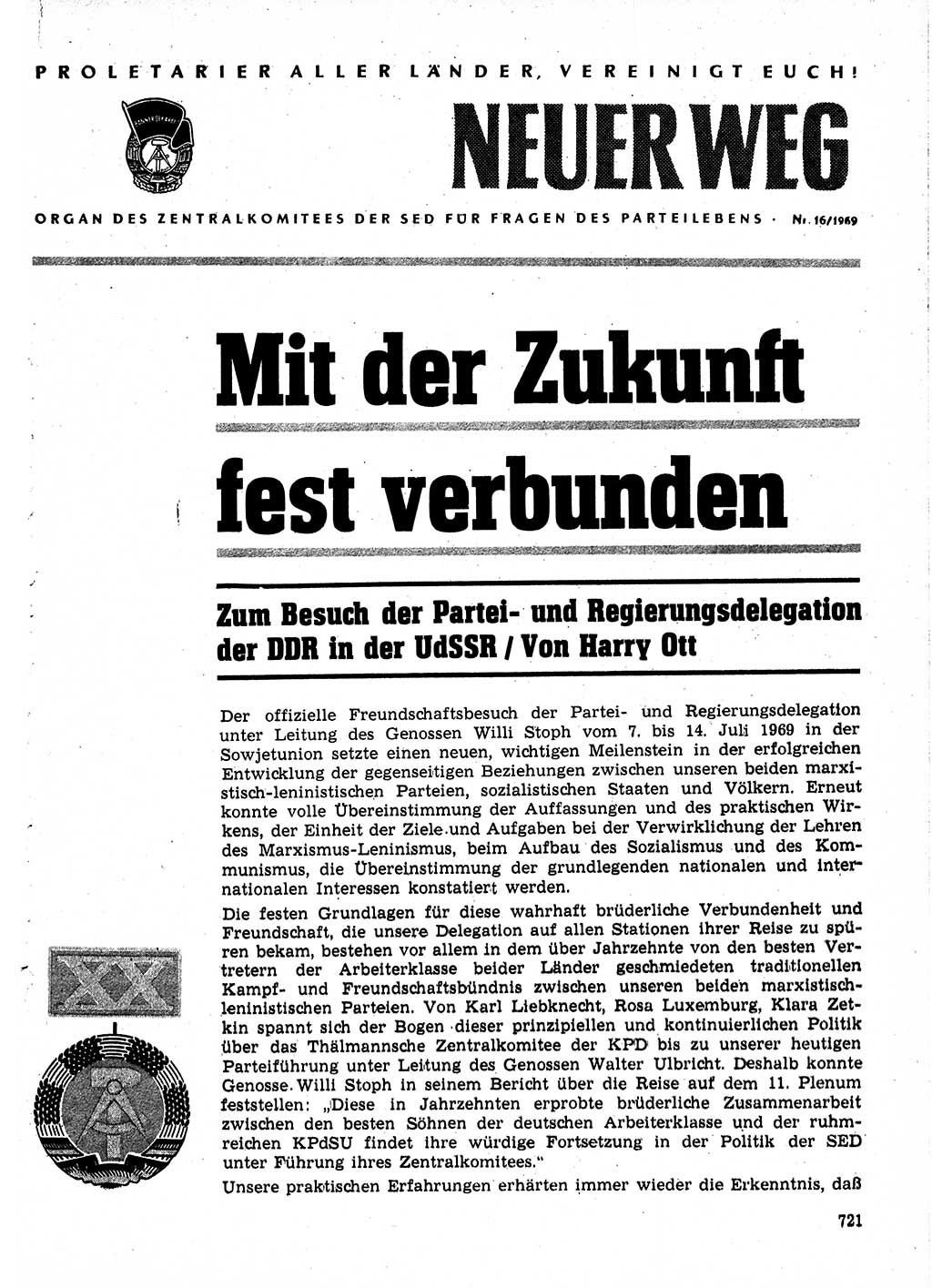 Neuer Weg (NW), Organ des Zentralkomitees (ZK) der SED (Sozialistische Einheitspartei Deutschlands) für Fragen des Parteilebens, 24. Jahrgang [Deutsche Demokratische Republik (DDR)] 1969, Seite 721 (NW ZK SED DDR 1969, S. 721)