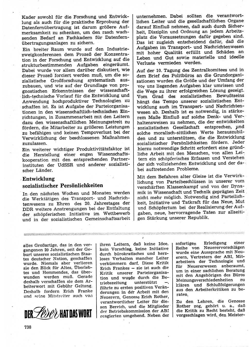 Neuer Weg (NW), Organ des Zentralkomitees (ZK) der SED (Sozialistische Einheitspartei Deutschlands) für Fragen des Parteilebens, 24. Jahrgang [Deutsche Demokratische Republik (DDR)] 1969, Seite 738 (NW ZK SED DDR 1969, S. 738)