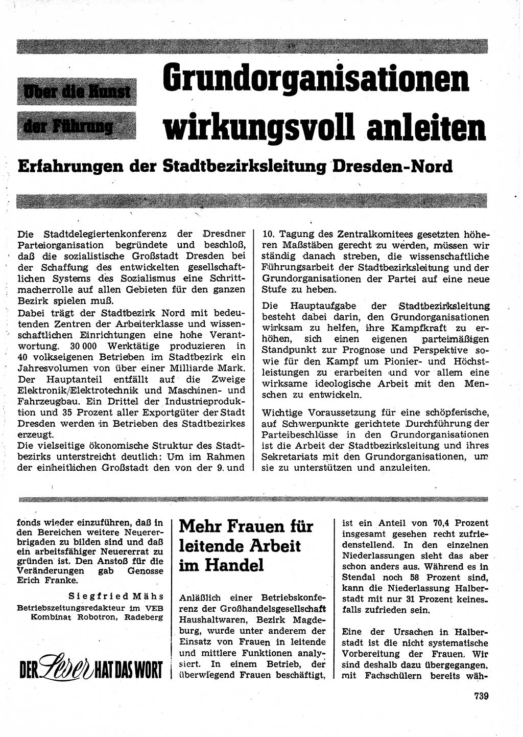 Neuer Weg (NW), Organ des Zentralkomitees (ZK) der SED (Sozialistische Einheitspartei Deutschlands) für Fragen des Parteilebens, 24. Jahrgang [Deutsche Demokratische Republik (DDR)] 1969, Seite 739 (NW ZK SED DDR 1969, S. 739)