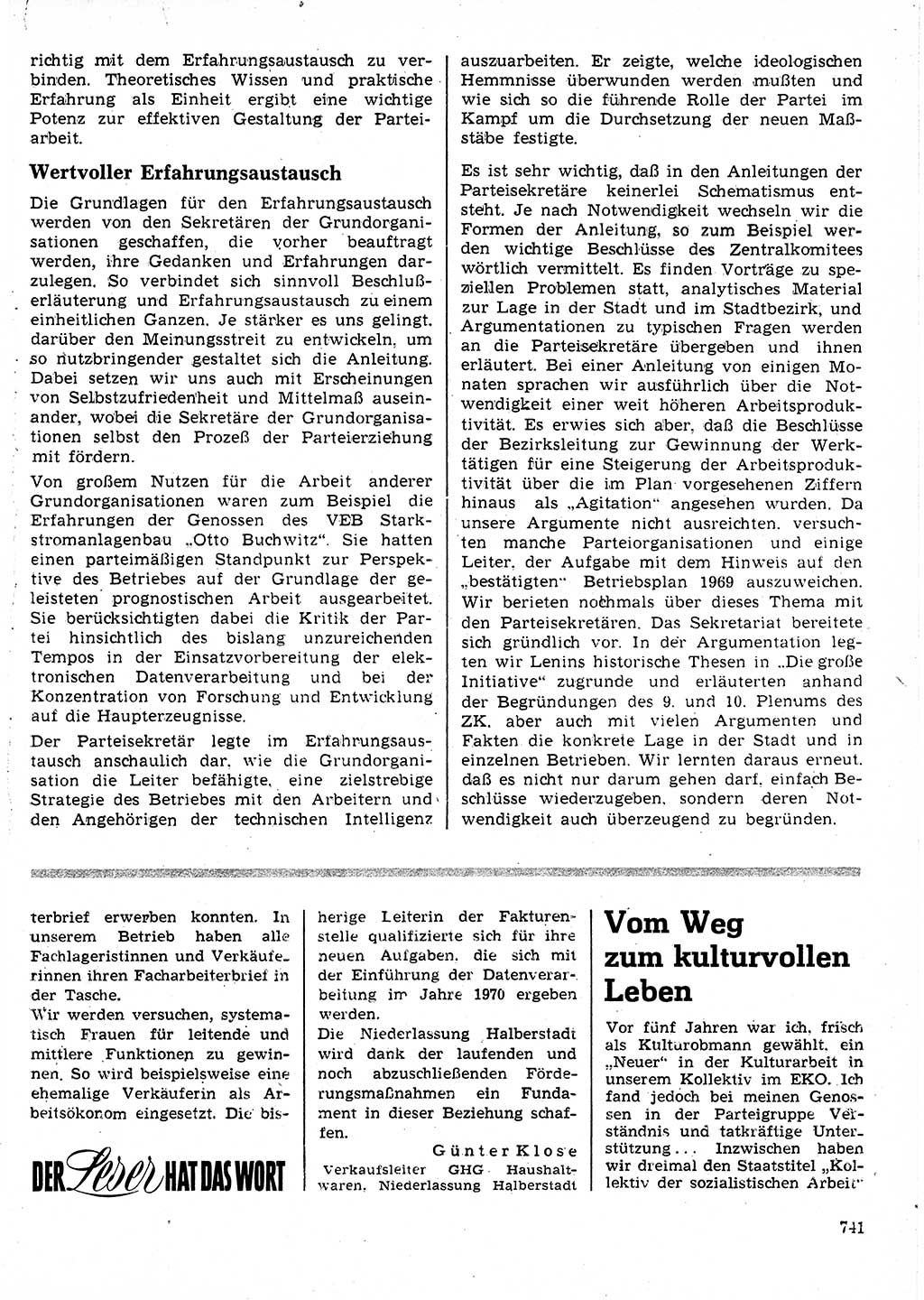 Neuer Weg (NW), Organ des Zentralkomitees (ZK) der SED (Sozialistische Einheitspartei Deutschlands) für Fragen des Parteilebens, 24. Jahrgang [Deutsche Demokratische Republik (DDR)] 1969, Seite 741 (NW ZK SED DDR 1969, S. 741)