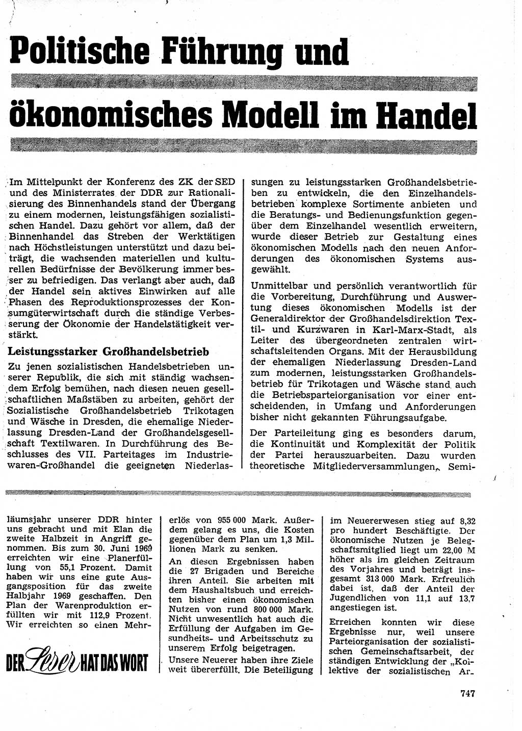 Neuer Weg (NW), Organ des Zentralkomitees (ZK) der SED (Sozialistische Einheitspartei Deutschlands) für Fragen des Parteilebens, 24. Jahrgang [Deutsche Demokratische Republik (DDR)] 1969, Seite 747 (NW ZK SED DDR 1969, S. 747)