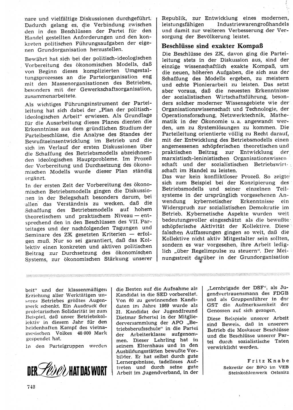 Neuer Weg (NW), Organ des Zentralkomitees (ZK) der SED (Sozialistische Einheitspartei Deutschlands) für Fragen des Parteilebens, 24. Jahrgang [Deutsche Demokratische Republik (DDR)] 1969, Seite 748 (NW ZK SED DDR 1969, S. 748)