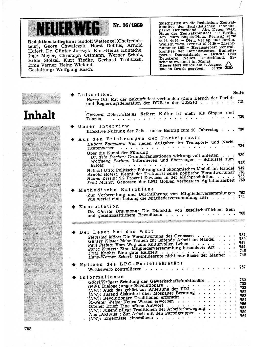 Neuer Weg (NW), Organ des Zentralkomitees (ZK) der SED (Sozialistische Einheitspartei Deutschlands) für Fragen des Parteilebens, 24. Jahrgang [Deutsche Demokratische Republik (DDR)] 1969, Seite 768 (NW ZK SED DDR 1969, S. 768)