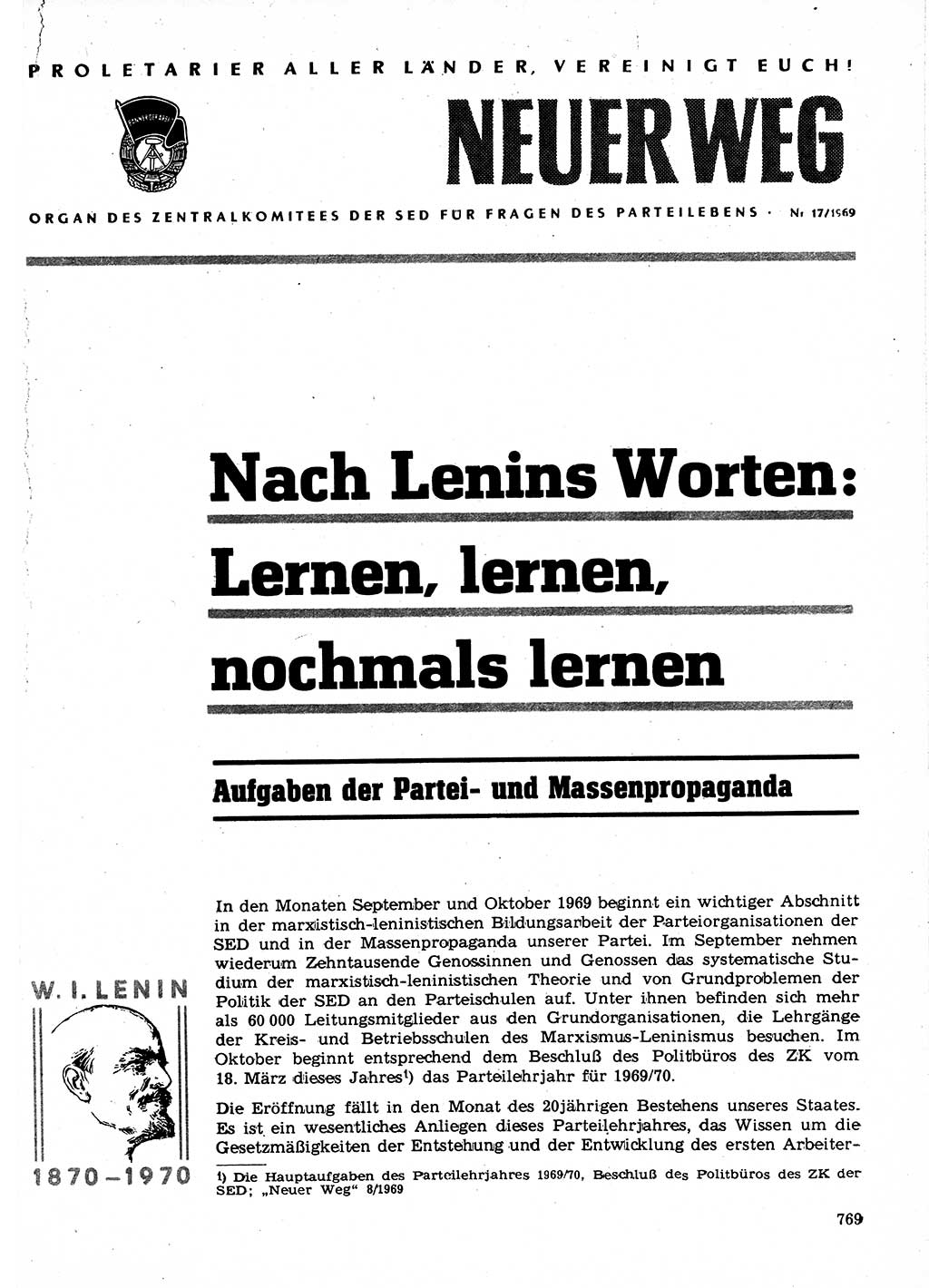 Neuer Weg (NW), Organ des Zentralkomitees (ZK) der SED (Sozialistische Einheitspartei Deutschlands) für Fragen des Parteilebens, 24. Jahrgang [Deutsche Demokratische Republik (DDR)] 1969, Seite 769 (NW ZK SED DDR 1969, S. 769)