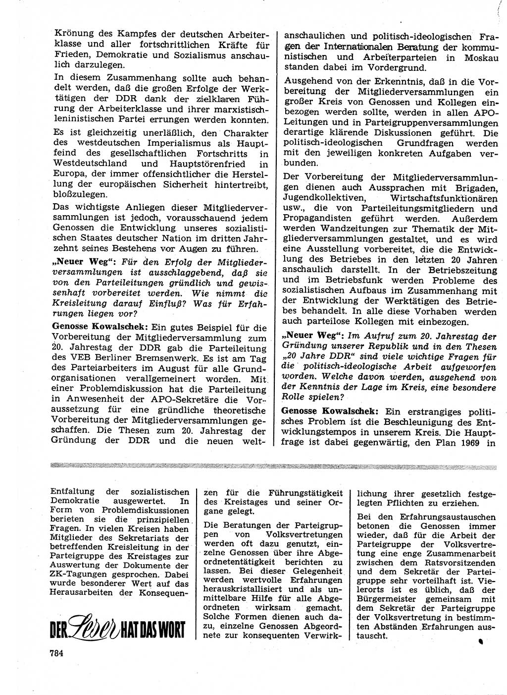 Neuer Weg (NW), Organ des Zentralkomitees (ZK) der SED (Sozialistische Einheitspartei Deutschlands) für Fragen des Parteilebens, 24. Jahrgang [Deutsche Demokratische Republik (DDR)] 1969, Seite 784 (NW ZK SED DDR 1969, S. 784)