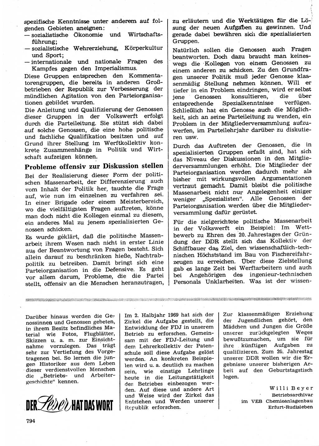 Neuer Weg (NW), Organ des Zentralkomitees (ZK) der SED (Sozialistische Einheitspartei Deutschlands) für Fragen des Parteilebens, 24. Jahrgang [Deutsche Demokratische Republik (DDR)] 1969, Seite 794 (NW ZK SED DDR 1969, S. 794)