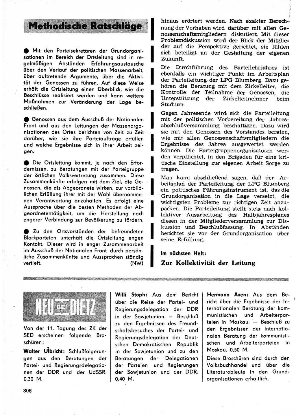 Neuer Weg (NW), Organ des Zentralkomitees (ZK) der SED (Sozialistische Einheitspartei Deutschlands) für Fragen des Parteilebens, 24. Jahrgang [Deutsche Demokratische Republik (DDR)] 1969, Seite 806 (NW ZK SED DDR 1969, S. 806)