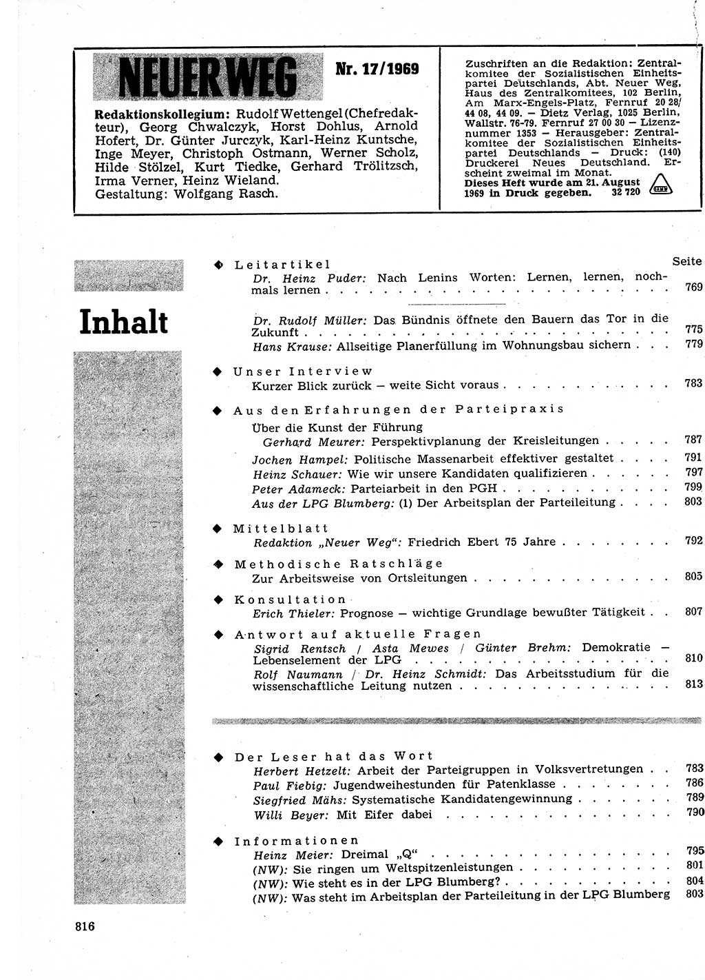 Neuer Weg (NW), Organ des Zentralkomitees (ZK) der SED (Sozialistische Einheitspartei Deutschlands) für Fragen des Parteilebens, 24. Jahrgang [Deutsche Demokratische Republik (DDR)] 1969, Seite 816 (NW ZK SED DDR 1969, S. 816)
