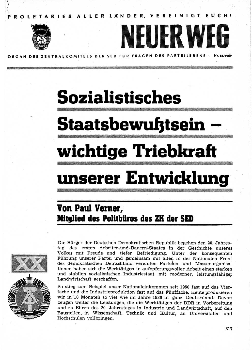 Neuer Weg (NW), Organ des Zentralkomitees (ZK) der SED (Sozialistische Einheitspartei Deutschlands) für Fragen des Parteilebens, 24. Jahrgang [Deutsche Demokratische Republik (DDR)] 1969, Seite 817 (NW ZK SED DDR 1969, S. 817)