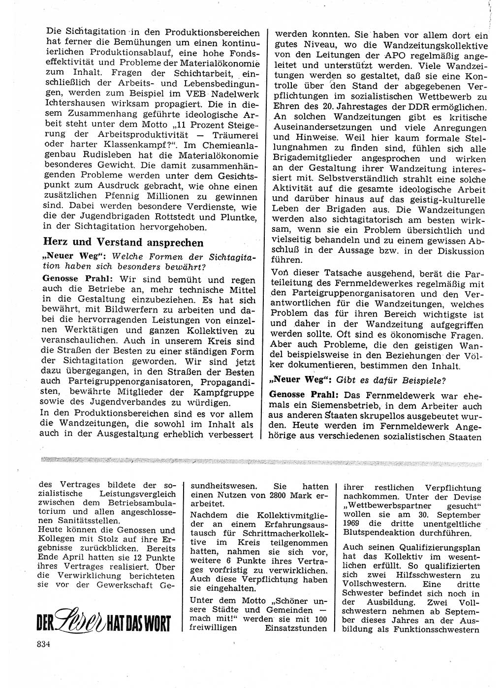 Neuer Weg (NW), Organ des Zentralkomitees (ZK) der SED (Sozialistische Einheitspartei Deutschlands) für Fragen des Parteilebens, 24. Jahrgang [Deutsche Demokratische Republik (DDR)] 1969, Seite 834 (NW ZK SED DDR 1969, S. 834)