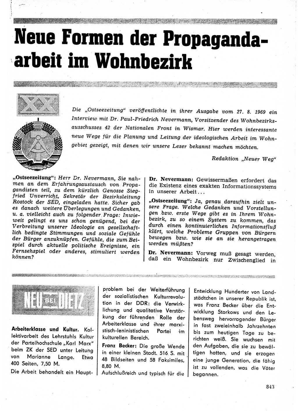 Neuer Weg (NW), Organ des Zentralkomitees (ZK) der SED (Sozialistische Einheitspartei Deutschlands) für Fragen des Parteilebens, 24. Jahrgang [Deutsche Demokratische Republik (DDR)] 1969, Seite 843 (NW ZK SED DDR 1969, S. 843)