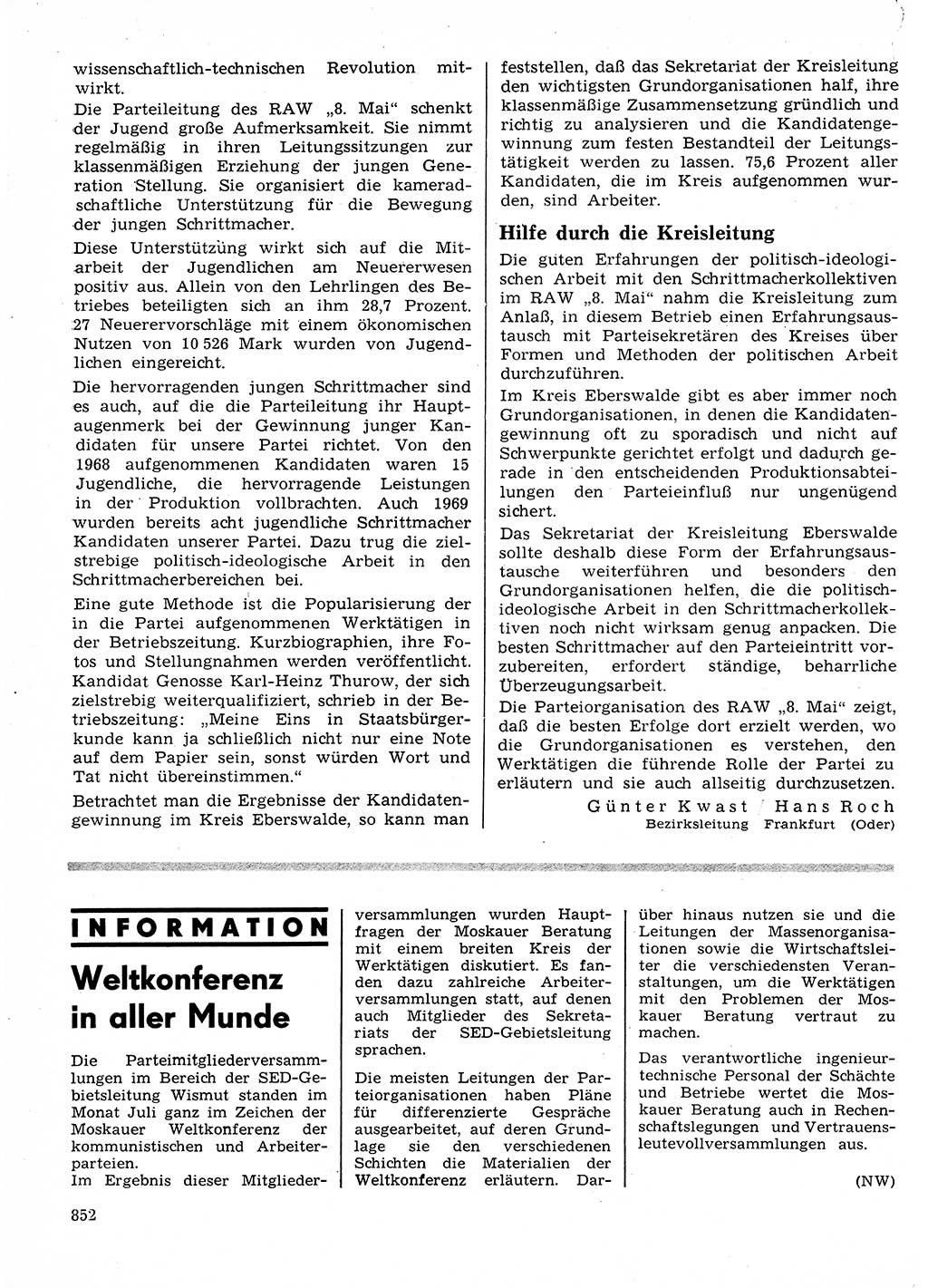 Neuer Weg (NW), Organ des Zentralkomitees (ZK) der SED (Sozialistische Einheitspartei Deutschlands) für Fragen des Parteilebens, 24. Jahrgang [Deutsche Demokratische Republik (DDR)] 1969, Seite 852 (NW ZK SED DDR 1969, S. 852)