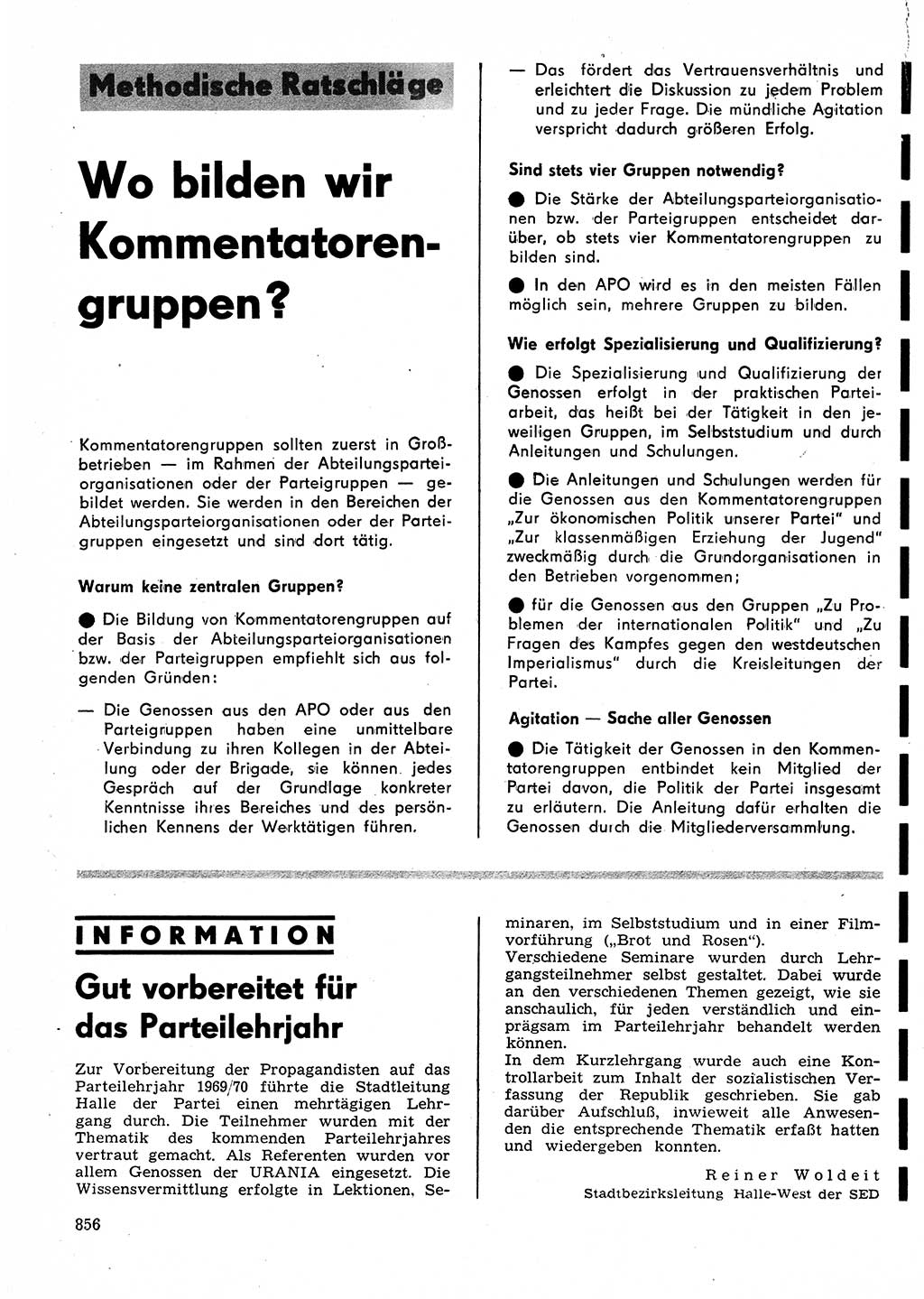 Neuer Weg (NW), Organ des Zentralkomitees (ZK) der SED (Sozialistische Einheitspartei Deutschlands) für Fragen des Parteilebens, 24. Jahrgang [Deutsche Demokratische Republik (DDR)] 1969, Seite 856 (NW ZK SED DDR 1969, S. 856)
