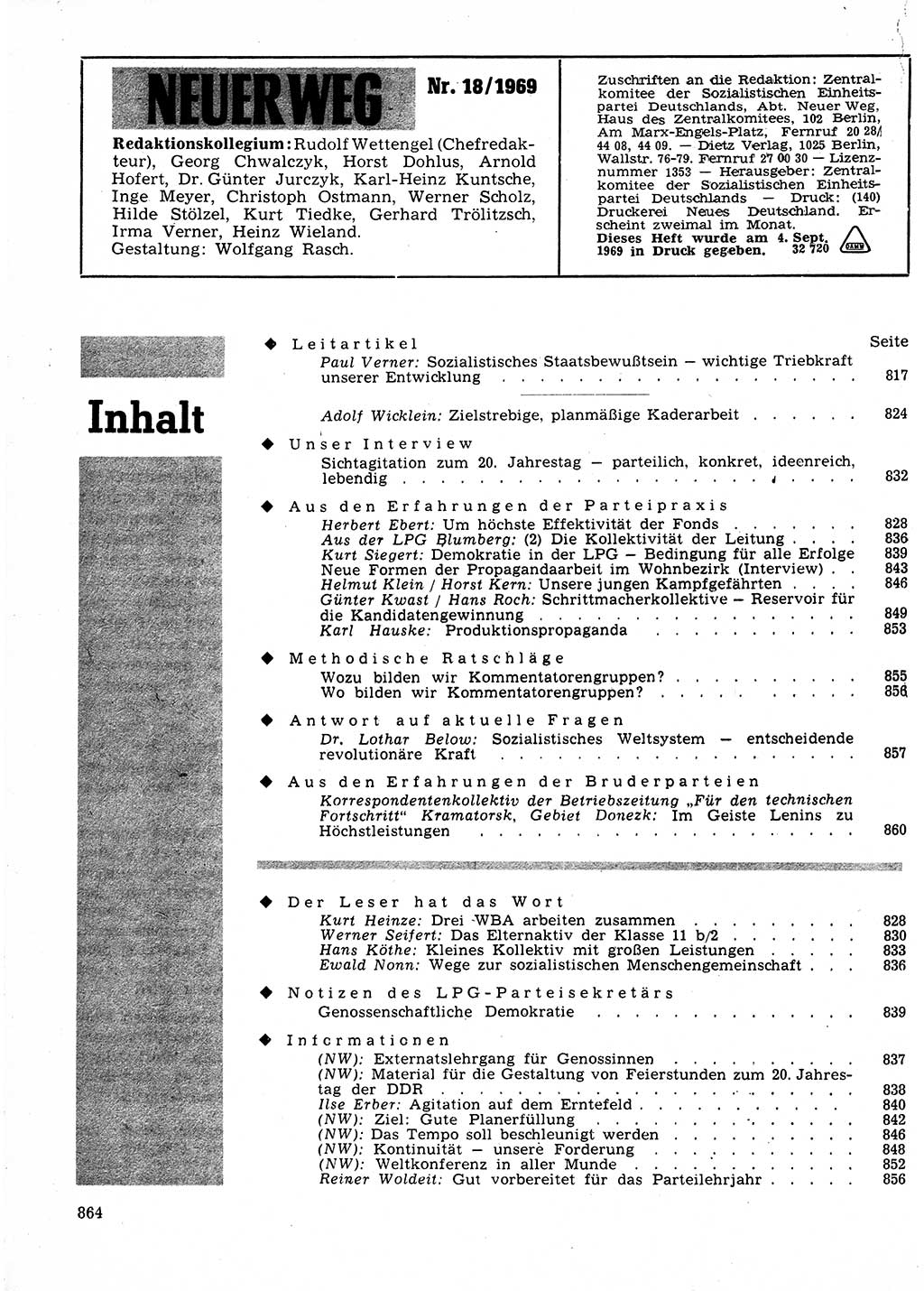 Neuer Weg (NW), Organ des Zentralkomitees (ZK) der SED (Sozialistische Einheitspartei Deutschlands) für Fragen des Parteilebens, 24. Jahrgang [Deutsche Demokratische Republik (DDR)] 1969, Seite 864 (NW ZK SED DDR 1969, S. 864)