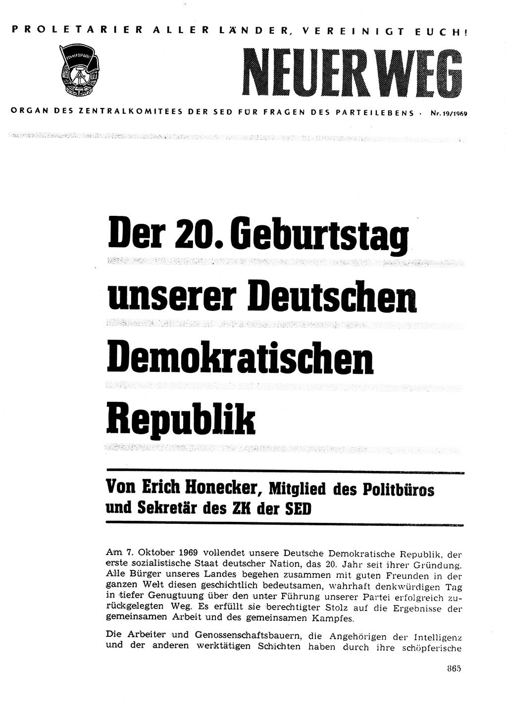 Neuer Weg (NW), Organ des Zentralkomitees (ZK) der SED (Sozialistische Einheitspartei Deutschlands) für Fragen des Parteilebens, 24. Jahrgang [Deutsche Demokratische Republik (DDR)] 1969, Seite 865 (NW ZK SED DDR 1969, S. 865)