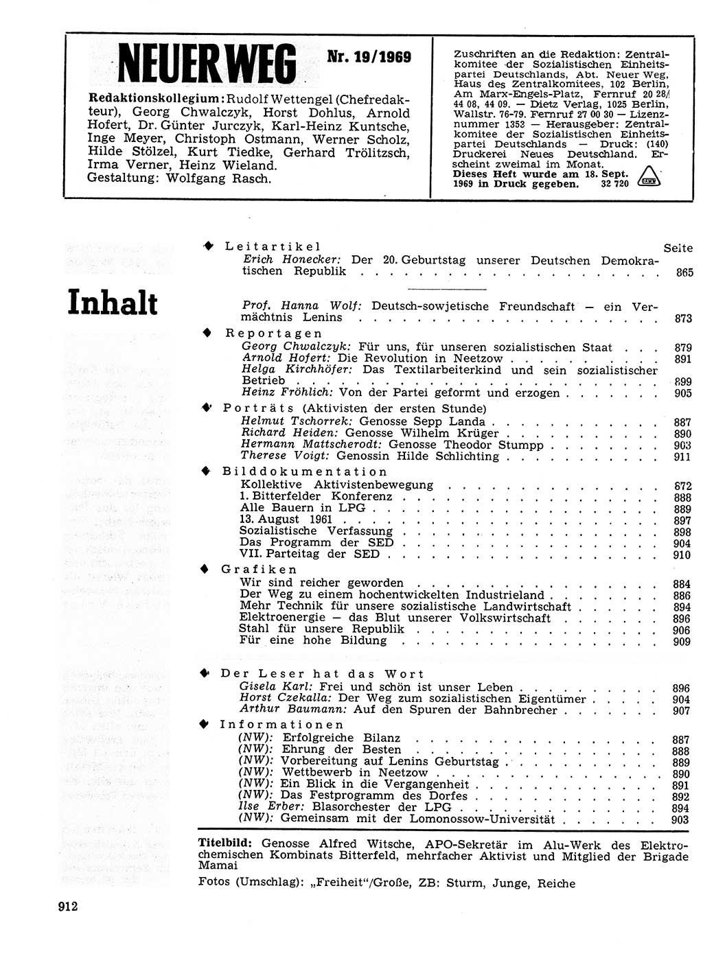 Neuer Weg (NW), Organ des Zentralkomitees (ZK) der SED (Sozialistische Einheitspartei Deutschlands) für Fragen des Parteilebens, 24. Jahrgang [Deutsche Demokratische Republik (DDR)] 1969, Seite 912 (NW ZK SED DDR 1969, S. 912)