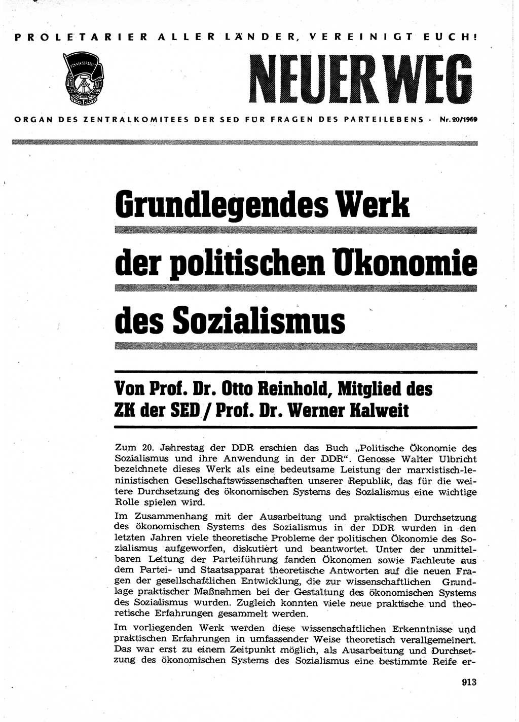 Neuer Weg (NW), Organ des Zentralkomitees (ZK) der SED (Sozialistische Einheitspartei Deutschlands) für Fragen des Parteilebens, 24. Jahrgang [Deutsche Demokratische Republik (DDR)] 1969, Seite 913 (NW ZK SED DDR 1969, S. 913)