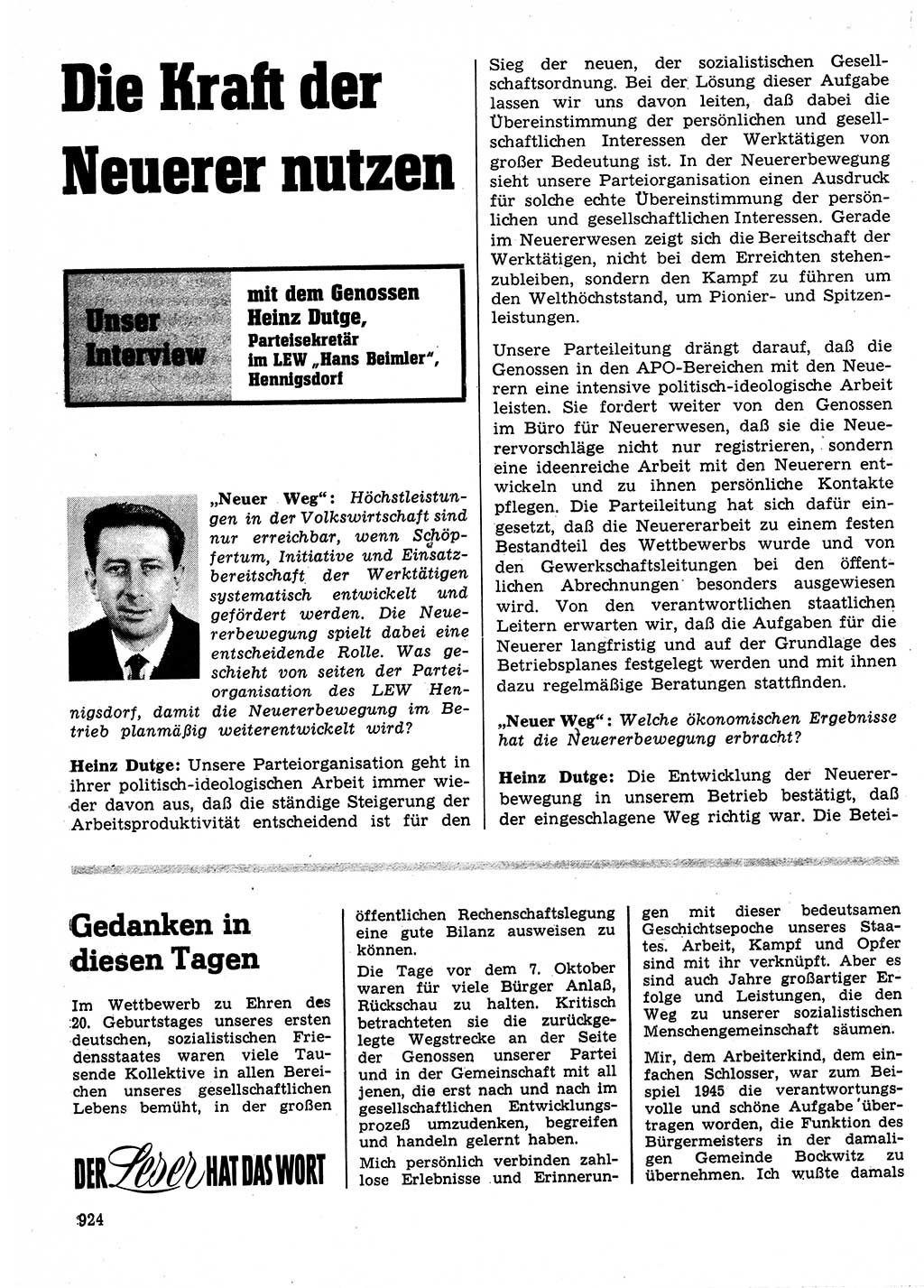 Neuer Weg (NW), Organ des Zentralkomitees (ZK) der SED (Sozialistische Einheitspartei Deutschlands) für Fragen des Parteilebens, 24. Jahrgang [Deutsche Demokratische Republik (DDR)] 1969, Seite 924 (NW ZK SED DDR 1969, S. 924)