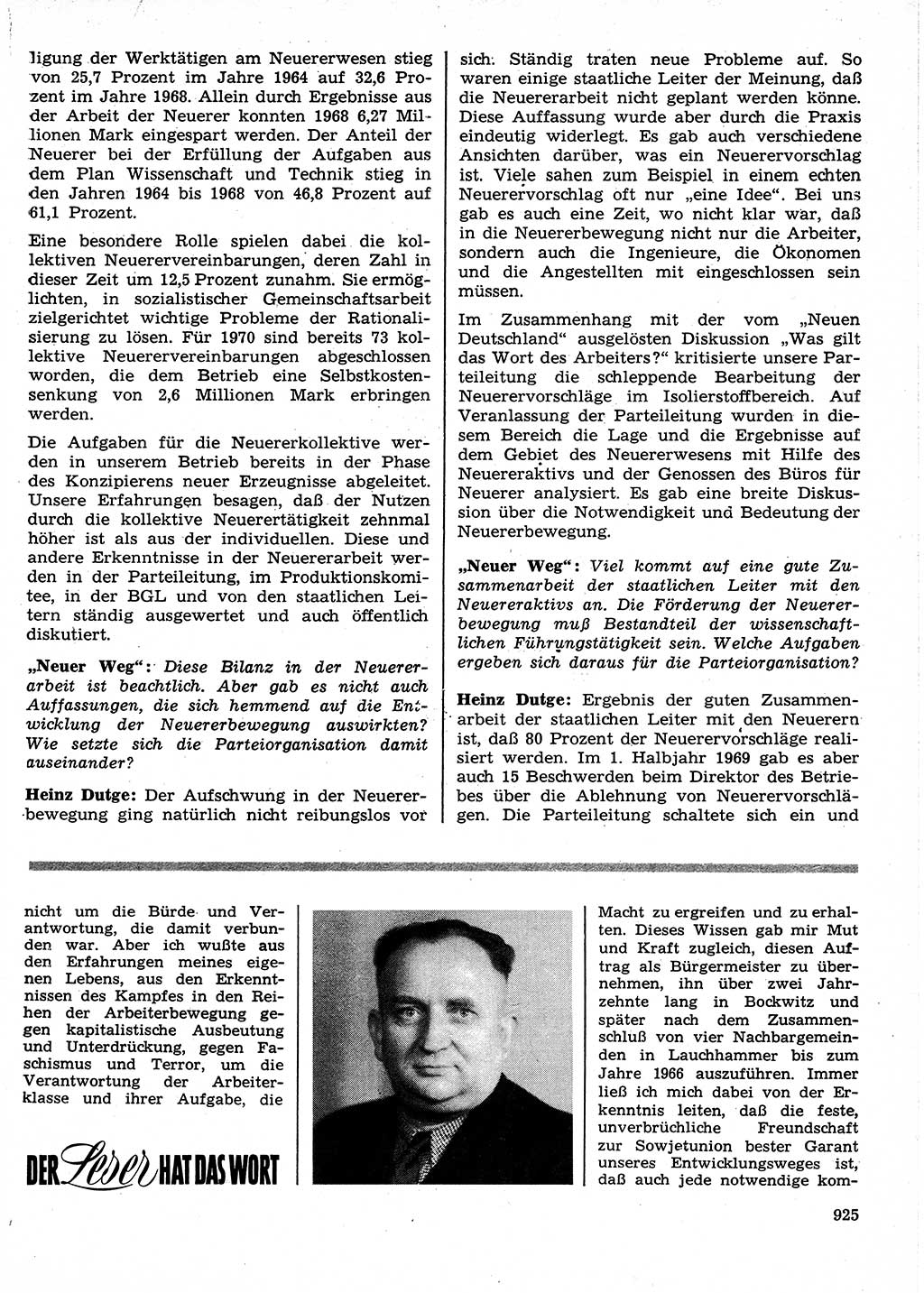 Neuer Weg (NW), Organ des Zentralkomitees (ZK) der SED (Sozialistische Einheitspartei Deutschlands) für Fragen des Parteilebens, 24. Jahrgang [Deutsche Demokratische Republik (DDR)] 1969, Seite 925 (NW ZK SED DDR 1969, S. 925)