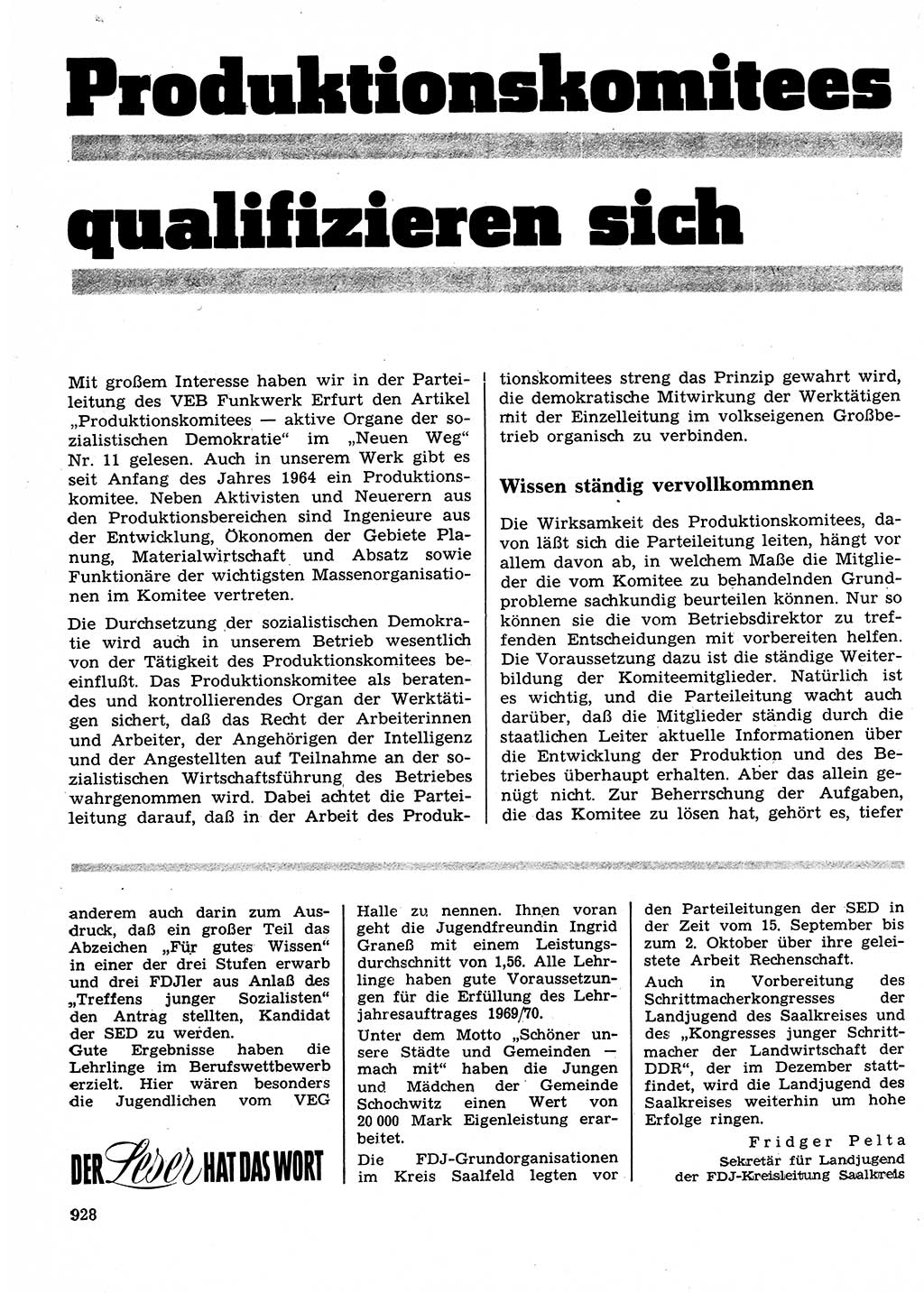 Neuer Weg (NW), Organ des Zentralkomitees (ZK) der SED (Sozialistische Einheitspartei Deutschlands) für Fragen des Parteilebens, 24. Jahrgang [Deutsche Demokratische Republik (DDR)] 1969, Seite 928 (NW ZK SED DDR 1969, S. 928)