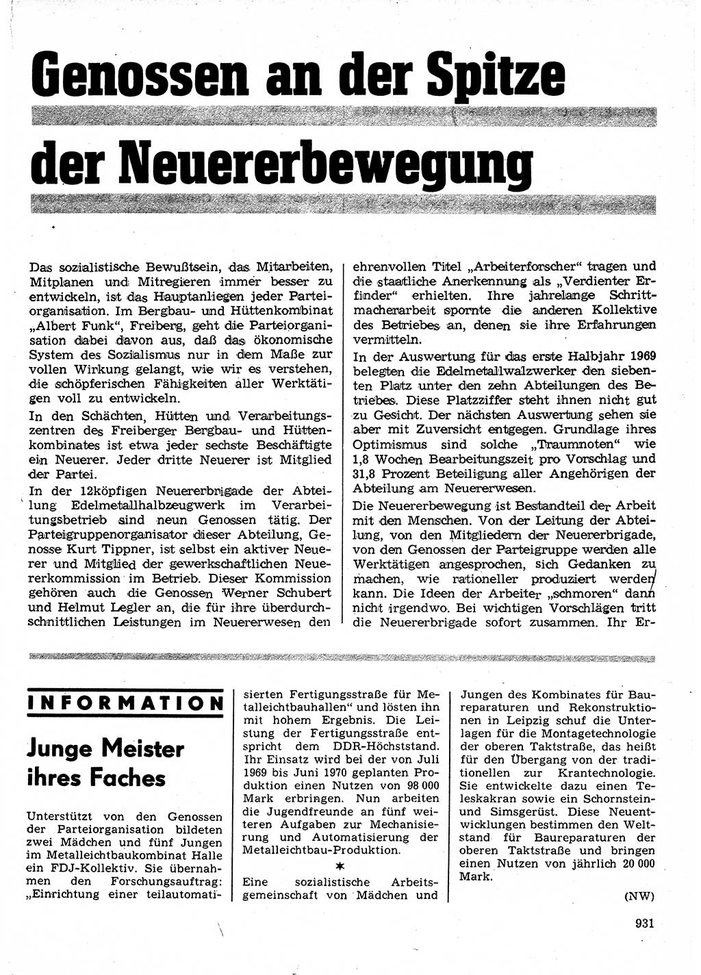 Neuer Weg (NW), Organ des Zentralkomitees (ZK) der SED (Sozialistische Einheitspartei Deutschlands) für Fragen des Parteilebens, 24. Jahrgang [Deutsche Demokratische Republik (DDR)] 1969, Seite 931 (NW ZK SED DDR 1969, S. 931)