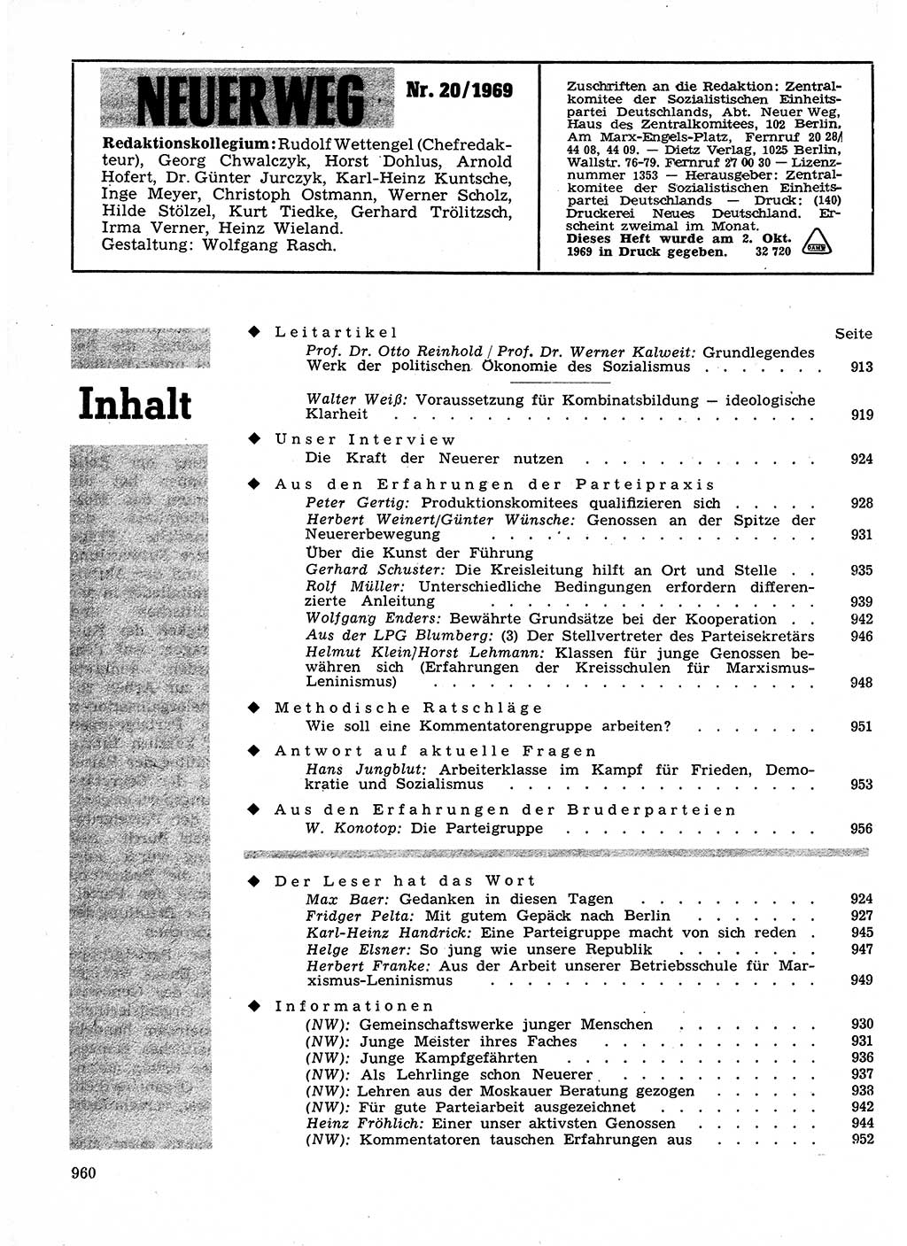 Neuer Weg (NW), Organ des Zentralkomitees (ZK) der SED (Sozialistische Einheitspartei Deutschlands) für Fragen des Parteilebens, 24. Jahrgang [Deutsche Demokratische Republik (DDR)] 1969, Seite 960 (NW ZK SED DDR 1969, S. 960)
