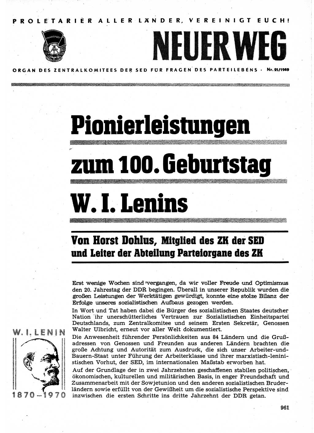 Neuer Weg (NW), Organ des Zentralkomitees (ZK) der SED (Sozialistische Einheitspartei Deutschlands) für Fragen des Parteilebens, 24. Jahrgang [Deutsche Demokratische Republik (DDR)] 1969, Seite 961 (NW ZK SED DDR 1969, S. 961)