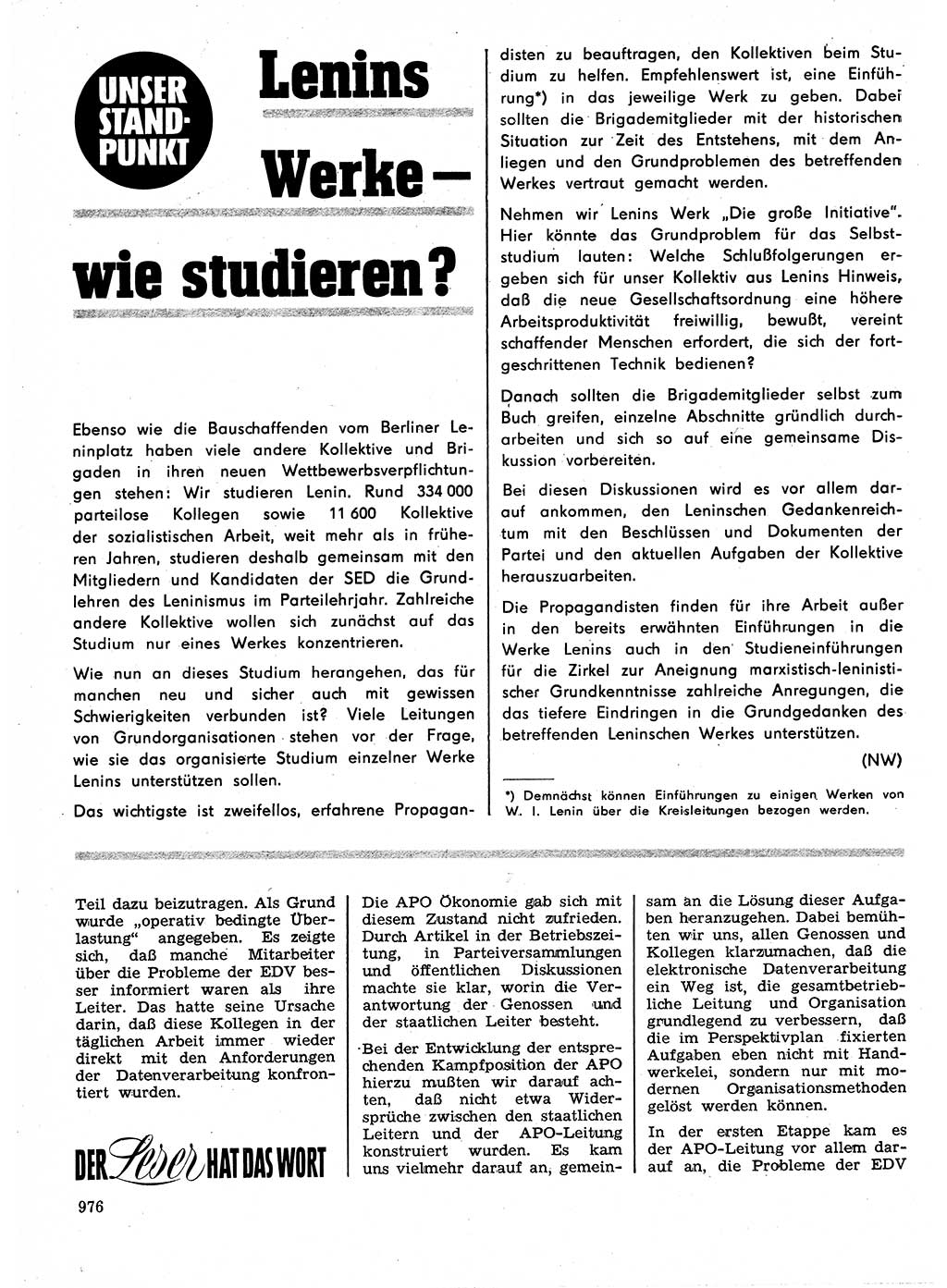 Neuer Weg (NW), Organ des Zentralkomitees (ZK) der SED (Sozialistische Einheitspartei Deutschlands) für Fragen des Parteilebens, 24. Jahrgang [Deutsche Demokratische Republik (DDR)] 1969, Seite 976 (NW ZK SED DDR 1969, S. 976)