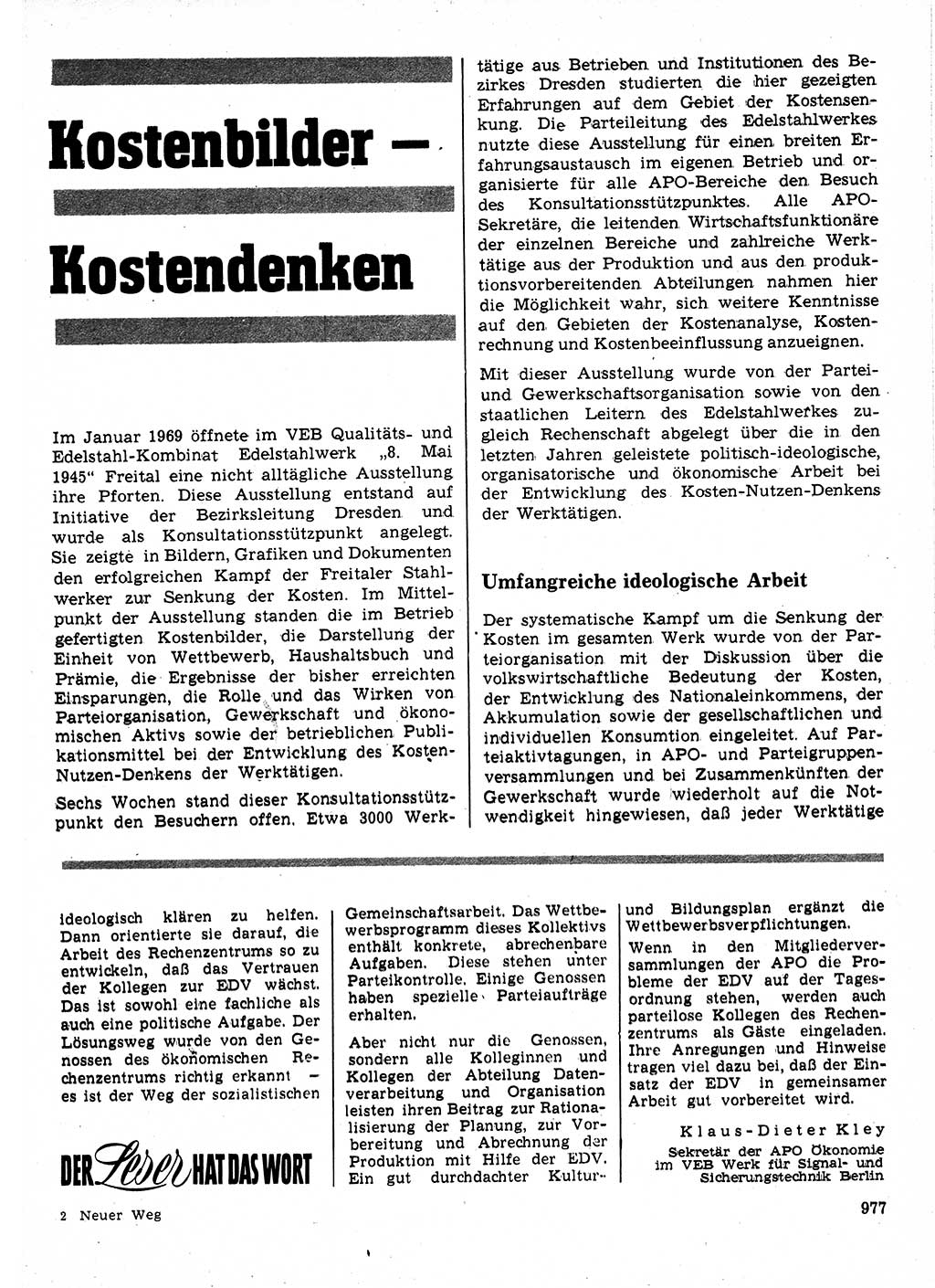 Neuer Weg (NW), Organ des Zentralkomitees (ZK) der SED (Sozialistische Einheitspartei Deutschlands) für Fragen des Parteilebens, 24. Jahrgang [Deutsche Demokratische Republik (DDR)] 1969, Seite 977 (NW ZK SED DDR 1969, S. 977)