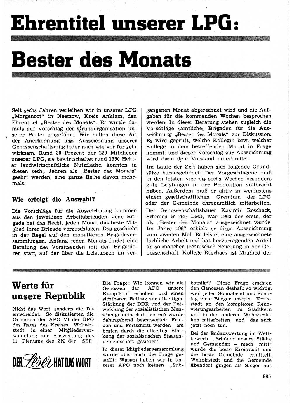 Neuer Weg (NW), Organ des Zentralkomitees (ZK) der SED (Sozialistische Einheitspartei Deutschlands) für Fragen des Parteilebens, 24. Jahrgang [Deutsche Demokratische Republik (DDR)] 1969, Seite 985 (NW ZK SED DDR 1969, S. 985)