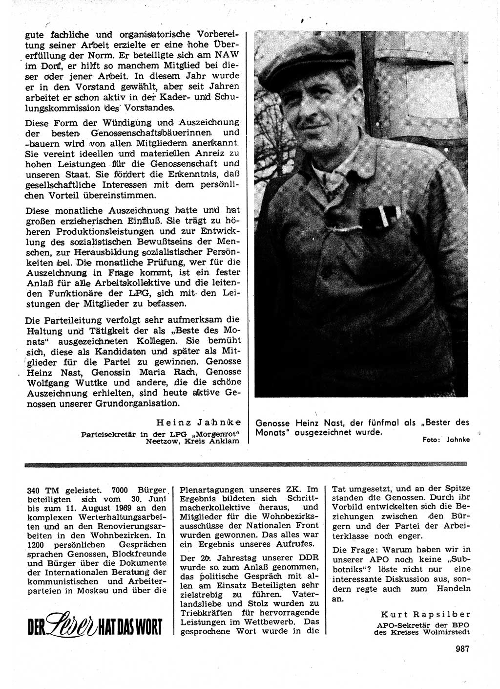 Neuer Weg (NW), Organ des Zentralkomitees (ZK) der SED (Sozialistische Einheitspartei Deutschlands) für Fragen des Parteilebens, 24. Jahrgang [Deutsche Demokratische Republik (DDR)] 1969, Seite 987 (NW ZK SED DDR 1969, S. 987)