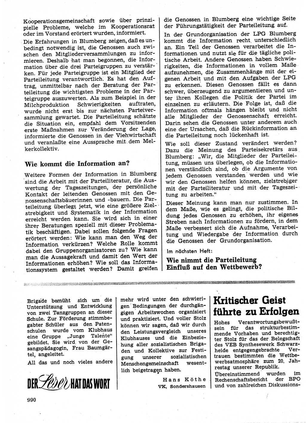 Neuer Weg (NW), Organ des Zentralkomitees (ZK) der SED (Sozialistische Einheitspartei Deutschlands) für Fragen des Parteilebens, 24. Jahrgang [Deutsche Demokratische Republik (DDR)] 1969, Seite 990 (NW ZK SED DDR 1969, S. 990)