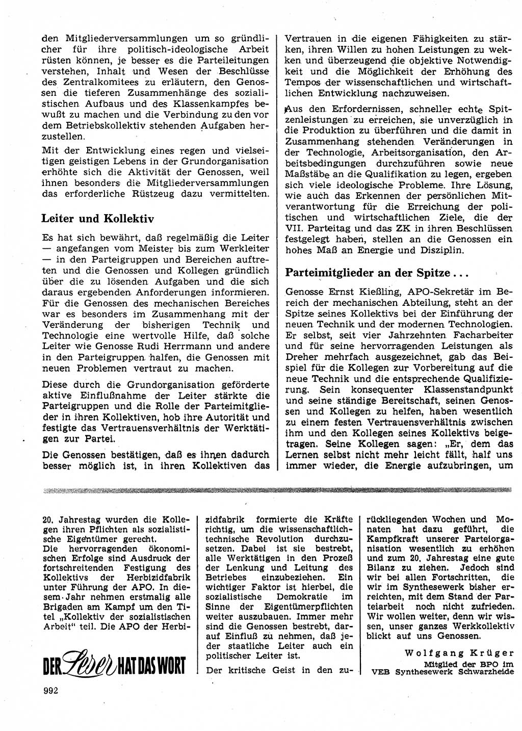 Neuer Weg (NW), Organ des Zentralkomitees (ZK) der SED (Sozialistische Einheitspartei Deutschlands) für Fragen des Parteilebens, 24. Jahrgang [Deutsche Demokratische Republik (DDR)] 1969, Seite 992 (NW ZK SED DDR 1969, S. 992)