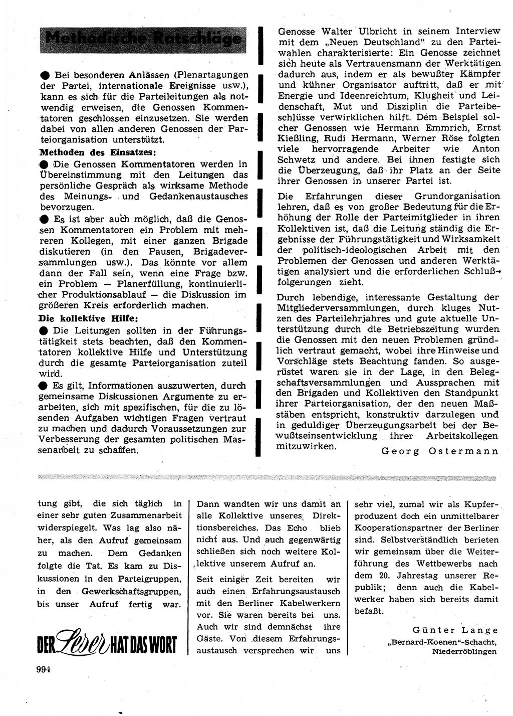 Neuer Weg (NW), Organ des Zentralkomitees (ZK) der SED (Sozialistische Einheitspartei Deutschlands) für Fragen des Parteilebens, 24. Jahrgang [Deutsche Demokratische Republik (DDR)] 1969, Seite 994 (NW ZK SED DDR 1969, S. 994)