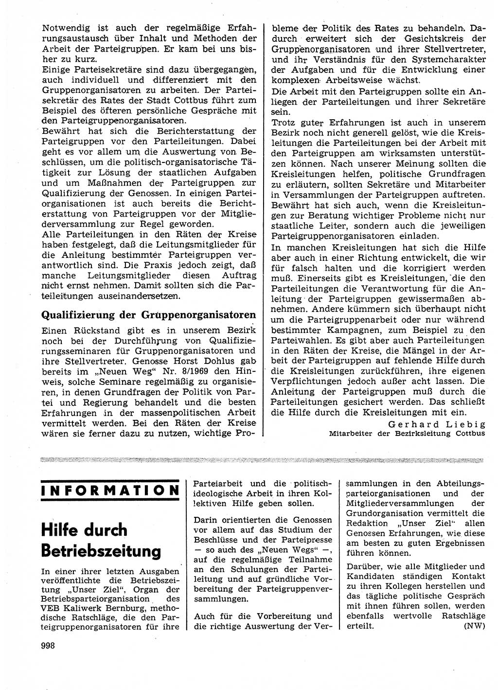 Neuer Weg (NW), Organ des Zentralkomitees (ZK) der SED (Sozialistische Einheitspartei Deutschlands) für Fragen des Parteilebens, 24. Jahrgang [Deutsche Demokratische Republik (DDR)] 1969, Seite 998 (NW ZK SED DDR 1969, S. 998)