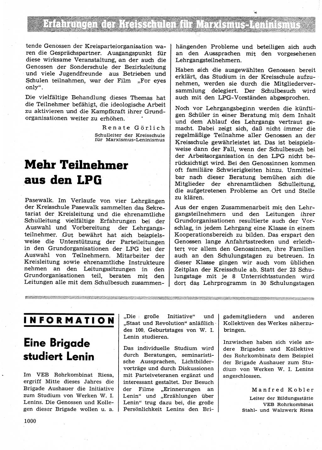 Neuer Weg (NW), Organ des Zentralkomitees (ZK) der SED (Sozialistische Einheitspartei Deutschlands) für Fragen des Parteilebens, 24. Jahrgang [Deutsche Demokratische Republik (DDR)] 1969, Seite 1000 (NW ZK SED DDR 1969, S. 1000)