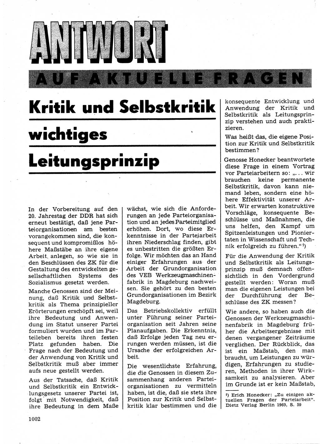 Neuer Weg (NW), Organ des Zentralkomitees (ZK) der SED (Sozialistische Einheitspartei Deutschlands) für Fragen des Parteilebens, 24. Jahrgang [Deutsche Demokratische Republik (DDR)] 1969, Seite 1002 (NW ZK SED DDR 1969, S. 1002)