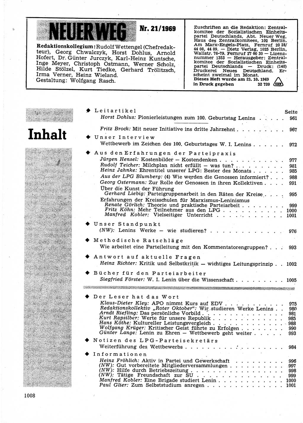 Neuer Weg (NW), Organ des Zentralkomitees (ZK) der SED (Sozialistische Einheitspartei Deutschlands) für Fragen des Parteilebens, 24. Jahrgang [Deutsche Demokratische Republik (DDR)] 1969, Seite 1008 (NW ZK SED DDR 1969, S. 1008)