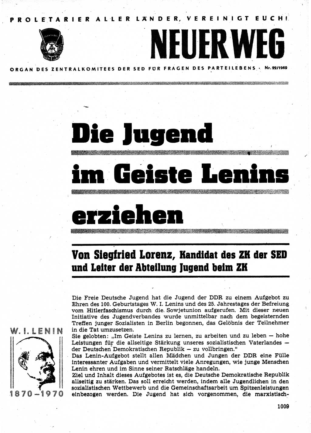 Neuer Weg (NW), Organ des Zentralkomitees (ZK) der SED (Sozialistische Einheitspartei Deutschlands) für Fragen des Parteilebens, 24. Jahrgang [Deutsche Demokratische Republik (DDR)] 1969, Seite 1009 (NW ZK SED DDR 1969, S. 1009)